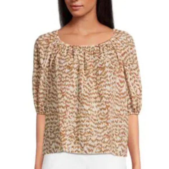 Theory Scoop Neck Desert Lawn Tie Top | Elbow Sleeve Work Top | Size P | NWOT - Picture 2 of 3